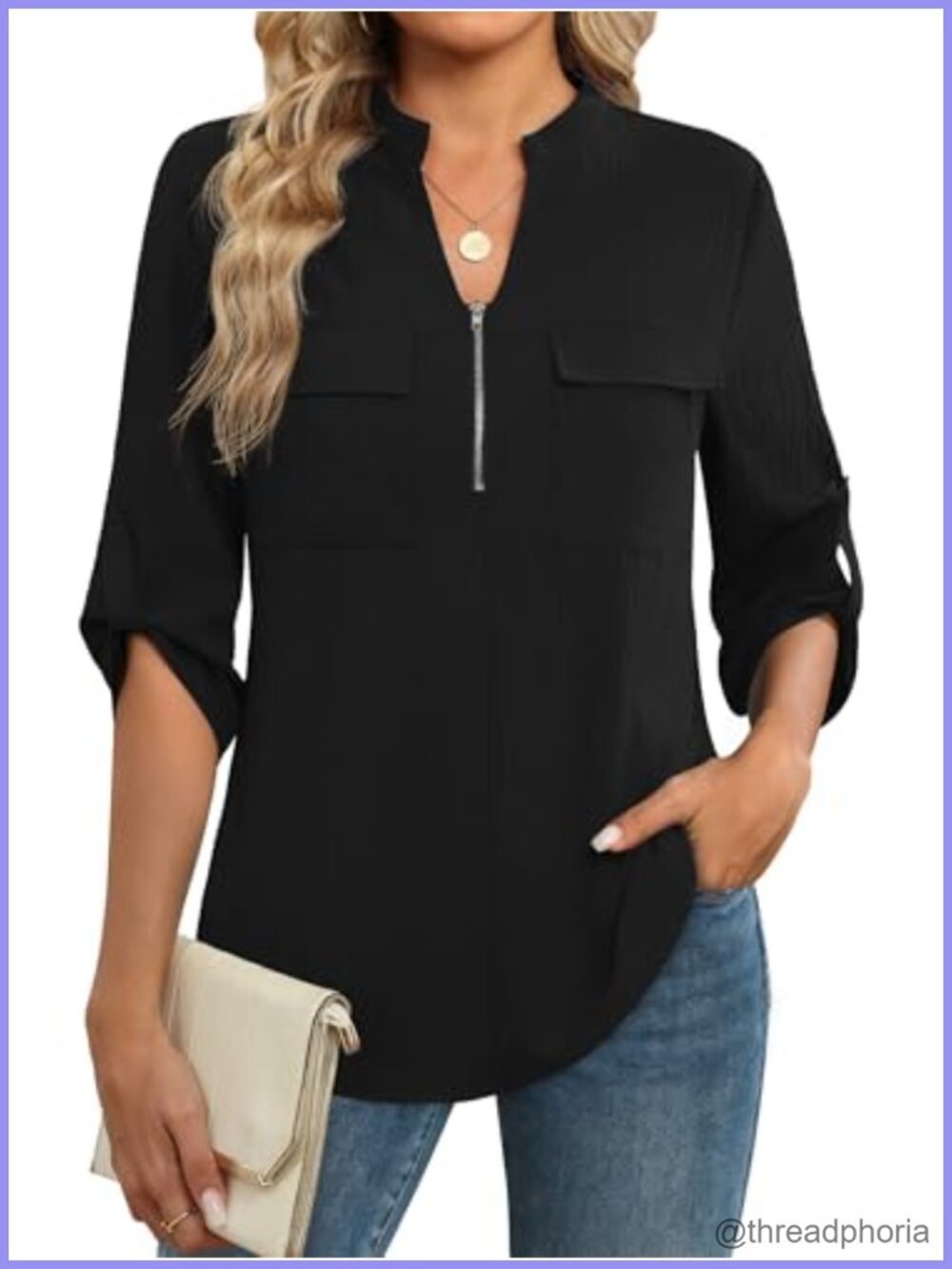 Womens 3/4 Sleeve V Neck Zip Front Tunic Top Business Casual Work Blouse
